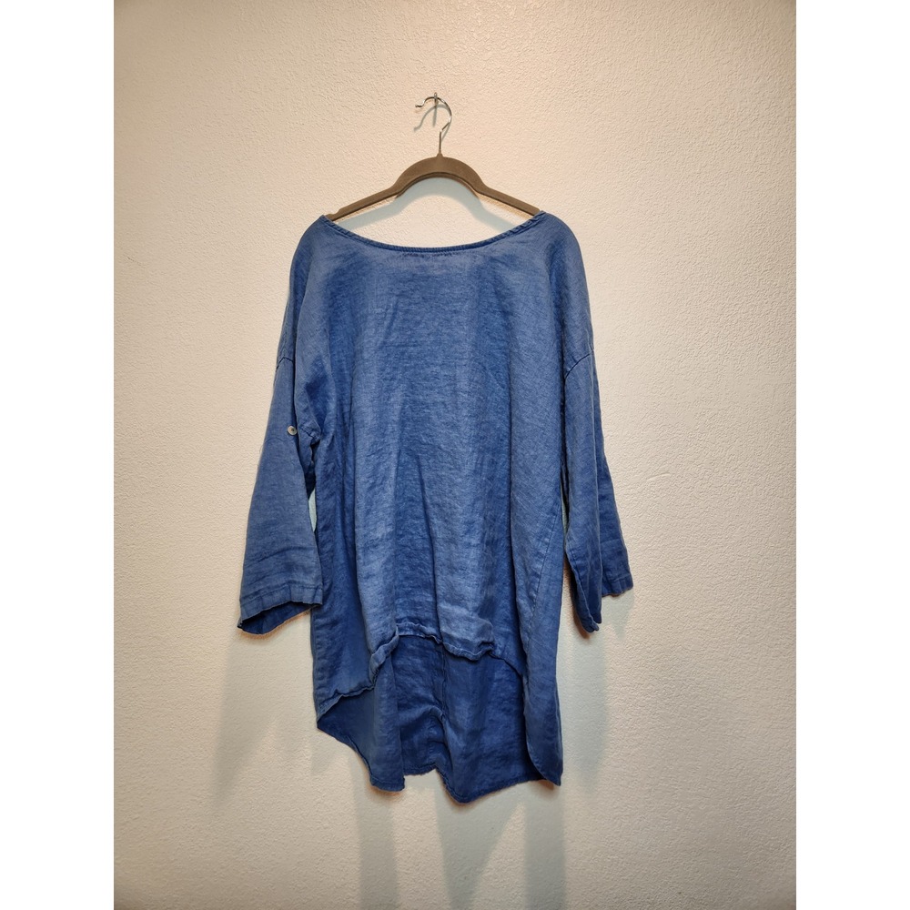 Terzo Millennio Italy Blue Linen Tunic Top Button Back‎ High Low Lagenlook L